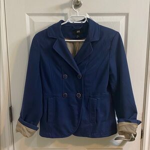 H&M Blue Double Button Blazer Cotton poly Blend Pockets Women’s Size 12 Office